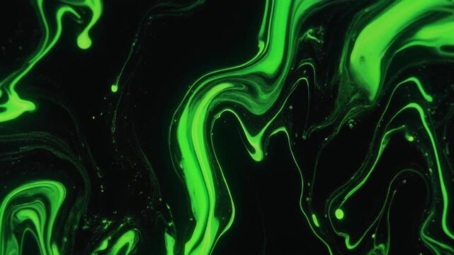 ネオングリーンと漆黒の液体絵の具が形成するデジタルサイバーなマーブル模様の背景