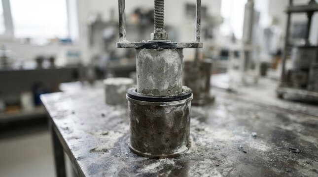 Test cylinder extracted from a mold with threaded rod, gasket, and residue on steel table