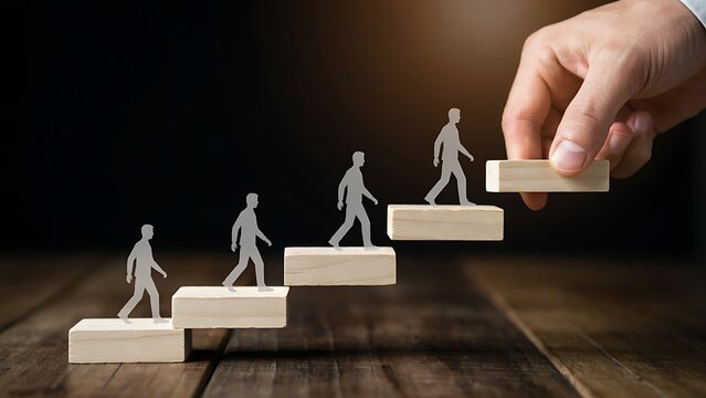 Conceptual image of a hand placing a wooden block to create stairs for figures climbing toward career success and achievement
