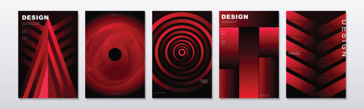 Set of five modern poster designs featuring abstract geometric shapes and patterns in vibrant red and black color gradients
