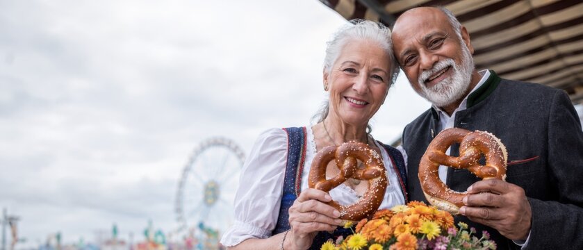 Happy senior couple in traditional bavarian clothing holding pretzels at a fair or oktoberfest banner format