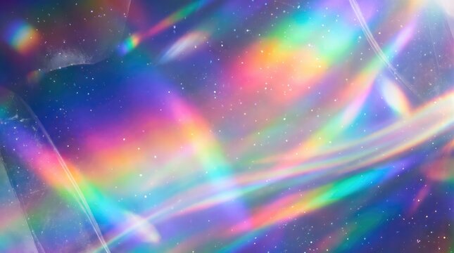 Vibrant abstract spectrum backdrop featuring flowing holographic color transitions, refracted crystalline light beams, radiant prismatic highlights, scattered luminous sparkles, soft optical flares