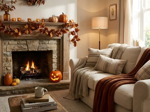 Cozy living room with Halloween fireplace decor and glowing jack-o-lantern