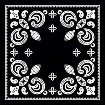 Seamless square bandana pattern with classic white paisley ornaments on a black background