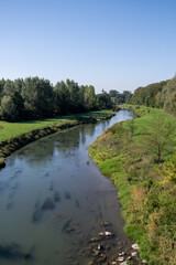 Fototapeta premium A brooke runnig along a meadow with pebbles and alga inside and trees and bushes on the side.