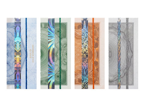 Banknote security thread hologram foil features for certificate design, featuring colorful guilloche patterns, watermark textures, anti-counterfeiting elements, and premium financial protection detail