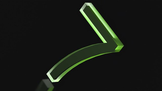 A transparent green glass number 7. The number 7, the seventh abstract, transparent, bright light green symbol on a black background with a reflection, animation. 3D render