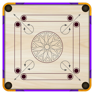 Premium 3D-rendered top-down view of a classic wooden carrom board featuring modern purple accents and intricate symmetrical markings, isolated on a transparent background
