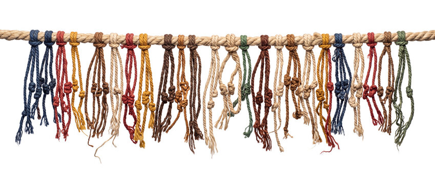 Colorful Inca Quipu Knotted Rope ancient accounting record system hanging isolated on black background for historical education cultural heritage indigenous craft texture and counting concept backgrou