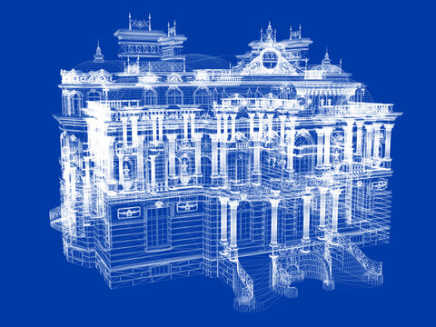Classic Villa 3D Wireframe Blueprint &ndash; Architectural Design Visualization