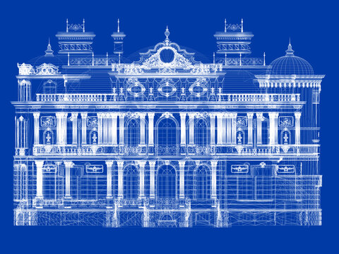 Classic Villa 3D Wireframe Blueprint &ndash; Architectural Design Visualization