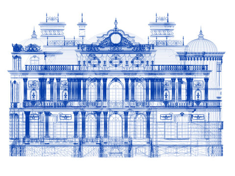 Classic Villa 3D Wireframe Blueprint &ndash; Architectural Design Visualization