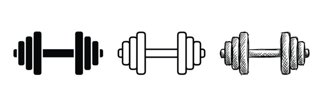Dumbbell vector illustration set in solid outline and sketch styles fitness workout gym symbols