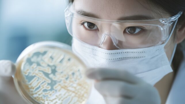シャーレを手に細菌培養を確認する女性研究員