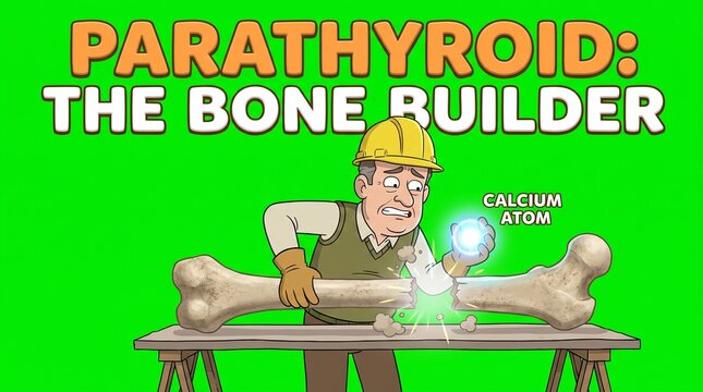Cartoon teacher explaining parathyroid hormone and bone building process on green screen
