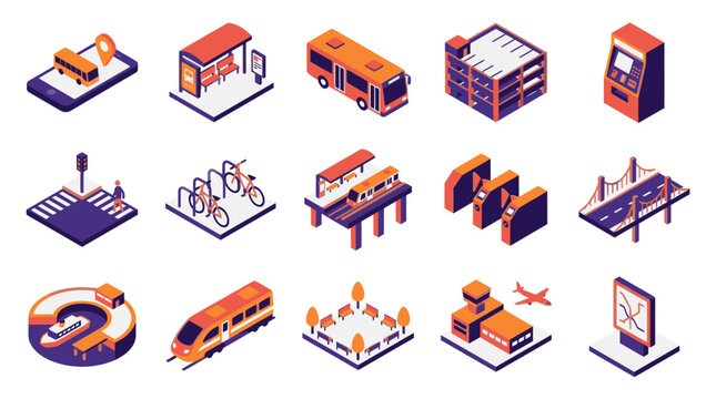 Minimalist Isometric Icons Set of Modern Transportation Urban Infrastructure and Travel Services in Orange and Dark Purple