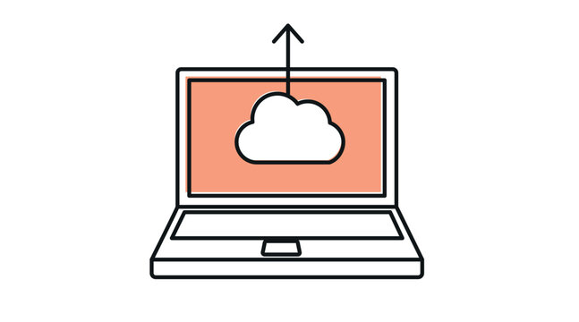 Laptop computer with cloud and upward arrow symbol on screen vector icon. Black line art with color offset fill style on white background. Flat color notebook screen with cloud computing upload, remot