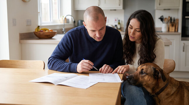 Couple comparing pet insurance documents at their kitchen table with their dog