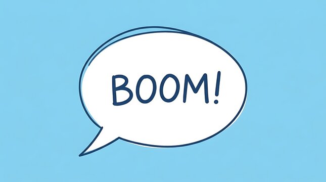 A hand drawn comic book style speech bubble contains the powerful word boom against a soft light blue backdrop for dynamic and