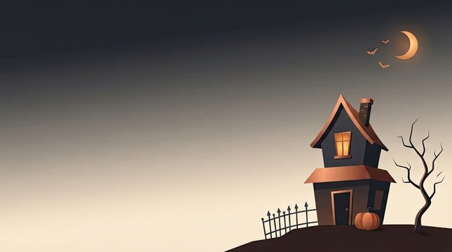 Spooky haunted house on a hill under a crescent moon at twilight