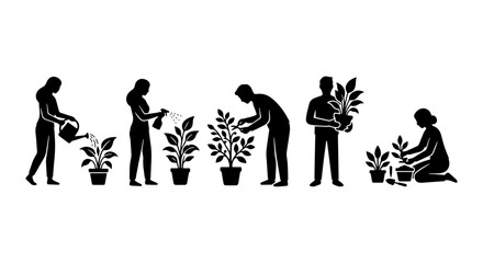 Obraz premium Gardening Silhouettes: People Planting, Watering, and Caring for Potted Plants, Vector Icons