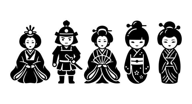 Japanese Kokeshi Dolls Vector Set: Traditional Geisha, Samurai, and Emperor Figures