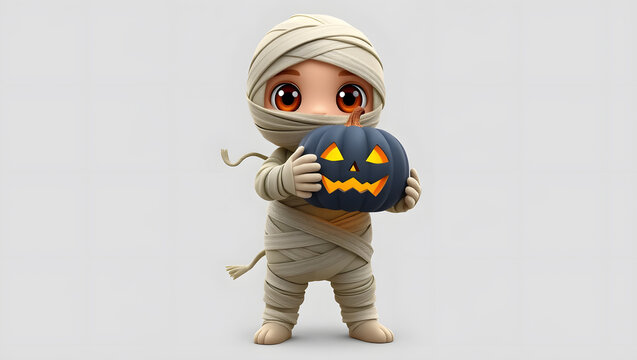 A cartoon mummy holding a jack-o-lantern on a gray background