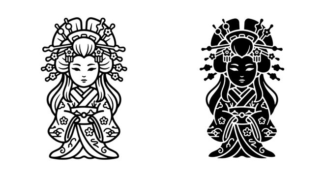 Japanese Geisha Icon Set, Traditional Kimono Woman Vector Art, Elegant Cultural Illustration