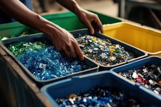 Hands sorting recycled plastic pieces in containers.