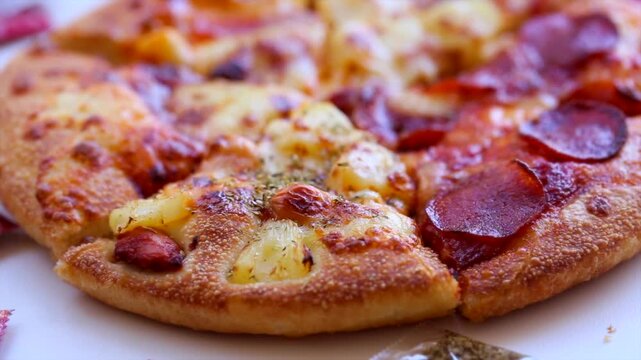 A thick, soft-crust pizza sits on a white background.
