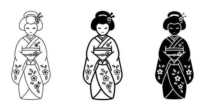 Japanese Geisha Icons, Traditional Kimono Figures, Elegant Cultural Art, Black and White Vector Set