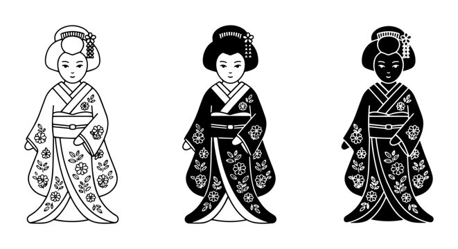 Japanese Geisha Icons, Traditional Kimono Figures, Elegant Cultural Characters, Vector Set