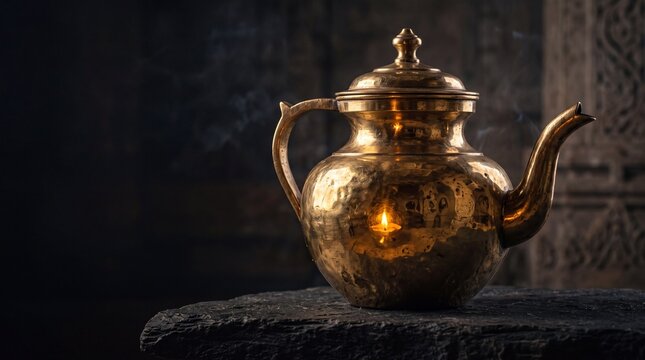 Vintage brass water vessel on stone surface for Rohini Vrat Jain Festival temple ritual celebration background with copy space