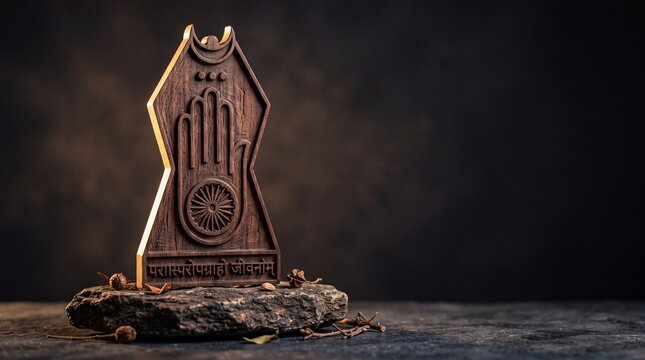 Wooden carved Ahimsa hand icon with wheel and Devanagari quote for Rohini Vrat Jain Festival religious celebration banner with copy space