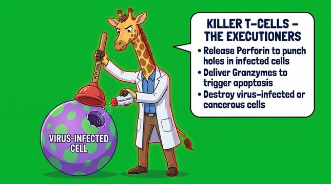 Cartoon giraffe scientist explaining killer T-cell function and cellular apoptosis process