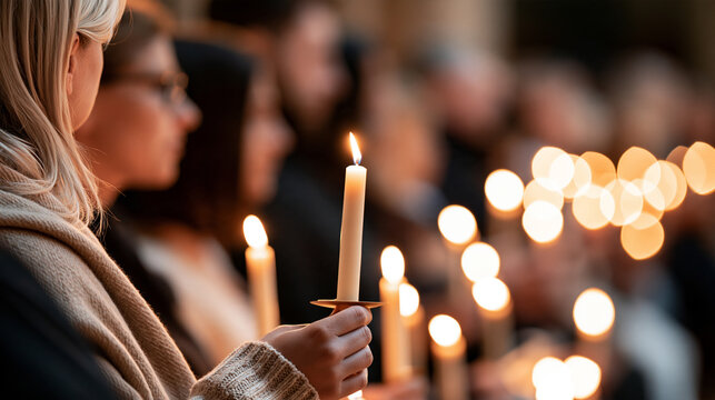 Christmas Eve church service with congregation holding candles, dark sanctuary illuminated by warm candlelight, peaceful Christian celebration, with copy space