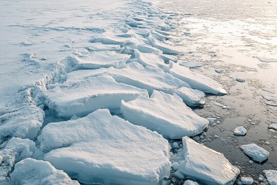 Frozen ice floes along a shoreline in winter.