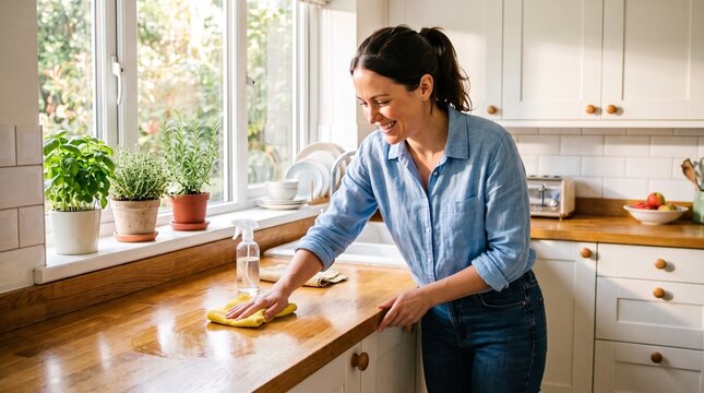 Woman cleaning kitchen countertop with yellow cloth and spray bottle