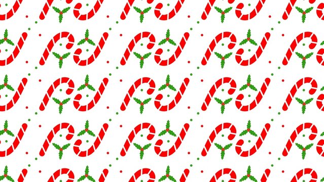 Christmas Candy Cane Seamless Pattern. Red Candy Cane Holiday Background. Festive Candy Cane and Holly Pattern