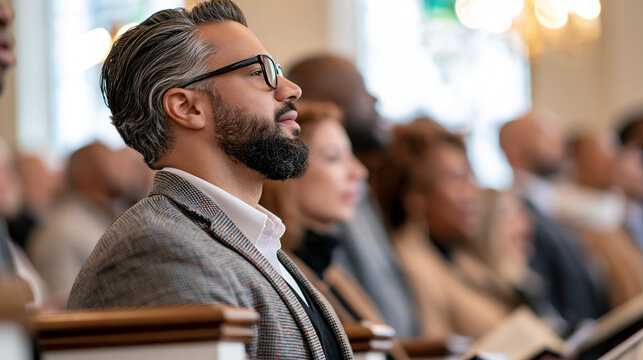 Diverse parishioners singing hymns together while standing in wooden pews, traditional church interior, communal prayer, Christian worship, with copy space