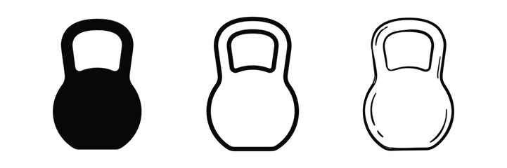Fototapeta premium Fitness Kettlebell weight icon set in solid, outline and hand drawn sketch styles for gym and fitness equipment design