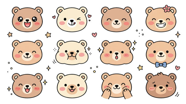 Set of cute bear character faces with various expressions isolated on transparent background