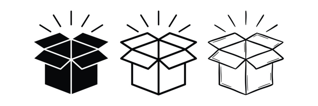 Open box and delivery icon set in solid outline and sketch styles