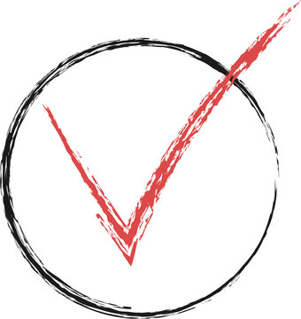 Minimalist 2D flat vector illustration of a red hand-drawn check mark in a black round circle frame with chalk crayon texture isolated on white background
