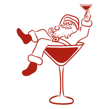 Santa Claus in cocktail glass illustration. Santa martini clipart. Christmas holiday drink vector line art