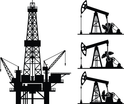 Oil Rig and Pumpjack Vector Silhouettes Set

Petroleum Extraction and Drilling Rig Icons

Oil Industry Machinery and Equipment Graphic