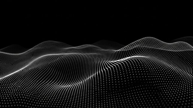 Abstract digital landscape of glowing white particles on black background with white dots data visualization particle field technology connectivity structure graphics