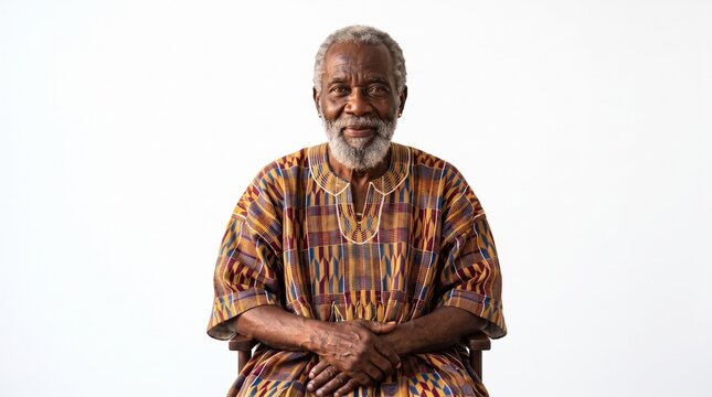 Elderly Black man with a gray beard, wearing a shirt made of colorful fabric.