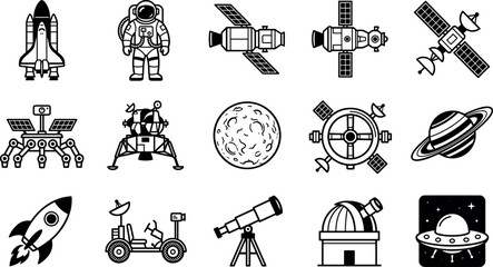 Black Outer Space Line Icon Set Featuring Space Shuttle, Astronaut, Satellite, Rover, Lunar Lander, Rocket, Telescope, and Observatory Vectors © Shekhor studioBD