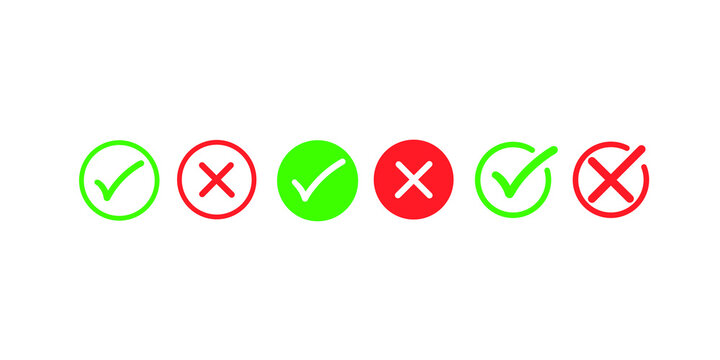 Set of diverse green tick and red cross icons inside round shape.